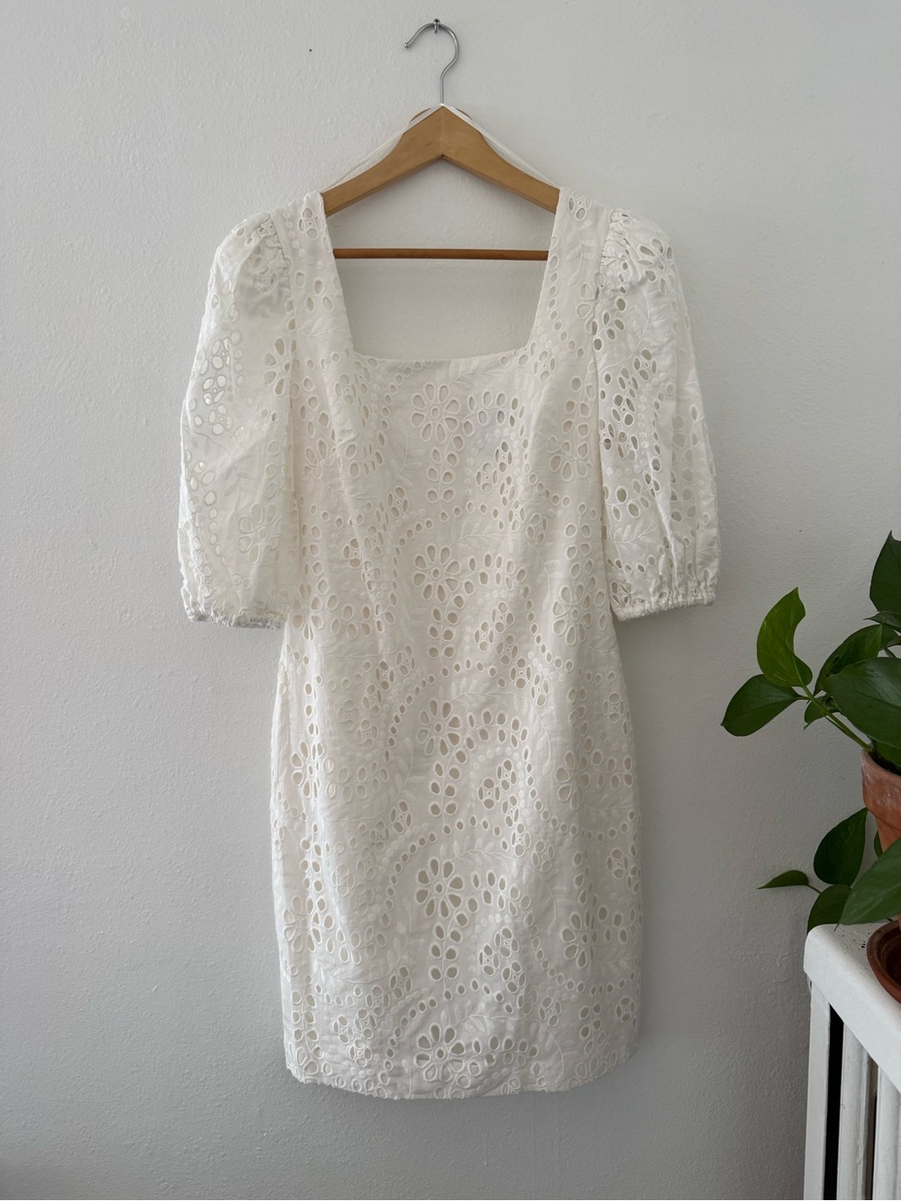 Eliza J White Eyelet Square-Neck Puff-Sleeve Dress